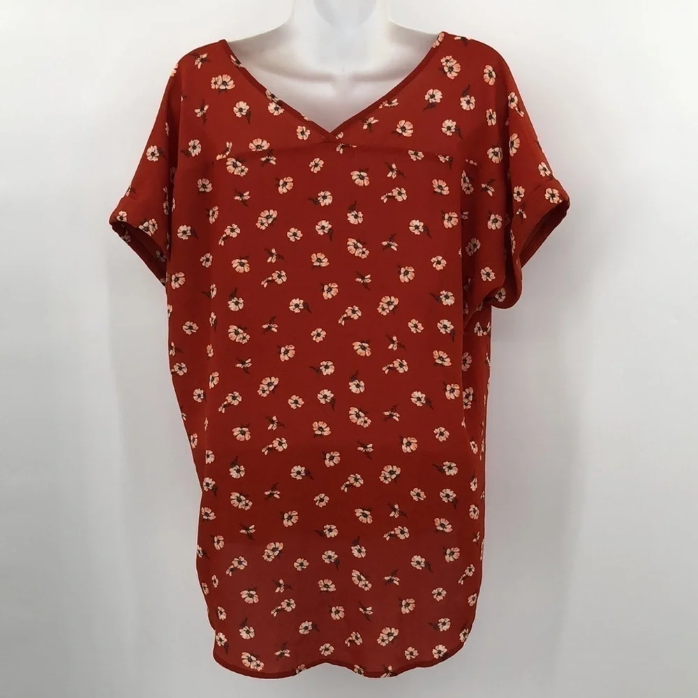 Pink Rose Semi Sheer Short Sleeved Floral Print V-Neck Blouse Size XL